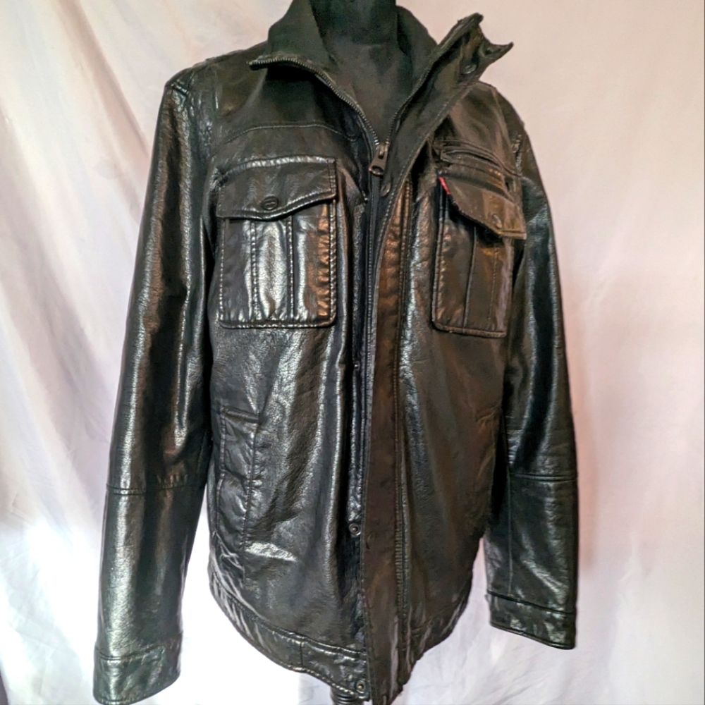 Men's Levi Strauss Vintage Faux Leather Sherpa Lined Trucker Jacket Size Large